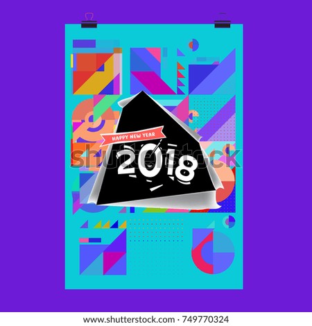 New Year 2018 Calendar Cover Template. Calendar and Poster Design with Colorful Memphis Style background.