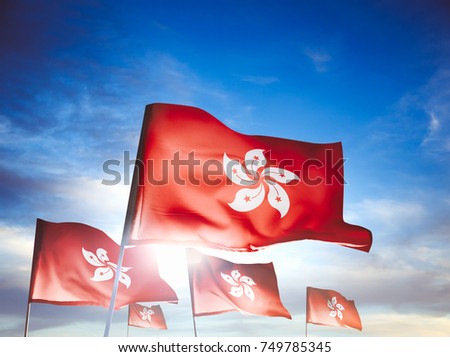 Hong Kong flags waving with pride on a sunny day / high contrast image
