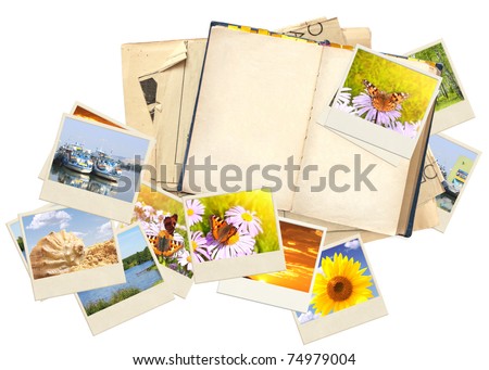 Old book and photos. Objects isolated over white