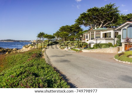 Driving on the Pacific Ocean coast, in Carmel-by-the-sea, Monterey Peninsula, California Royalty-Free Stock Photo #749798977
