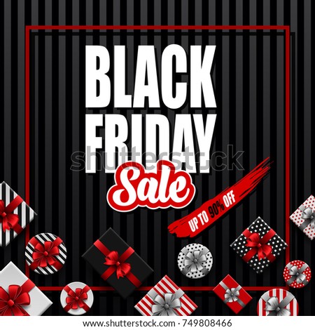 Black Friday sale banner with different gift boxes on black striped background