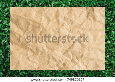 Brown wrinkle recycle paper on green leaves use for background
