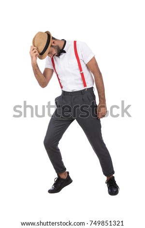 hiphop dancer posing a moon walk. Isolated on white  background.