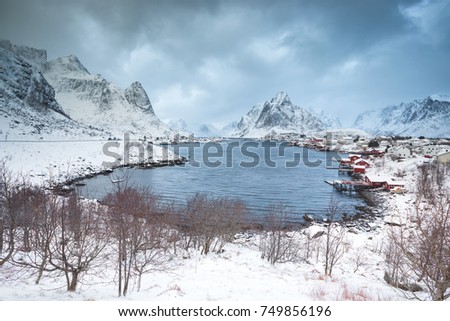 Traditional Norwegian fisherman's cabins, rorbuer, on the island of Hamnoy, Reine on the Lofoten in northern Norway.