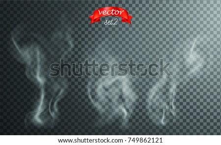 White cigarette smoke waves. White hot steam over cup for dark and transparent background. Set of fume on food, tea and coffee. Magic vapor, mist, cloud, gas or fog vector illustration. Hazy fragrance Royalty-Free Stock Photo #749862121