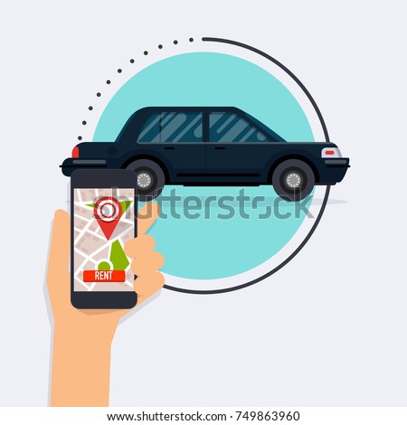 Hand holding mobile smart phone with app rent a car. Vector modern flat creative info graphics design on application. 