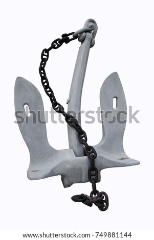 Anchor and rusty chain isolate on white background, clipping path. It is a heavy object attached to a rope or chain and used to moor a vessel to the sea bottom, typically one having a metal shank.