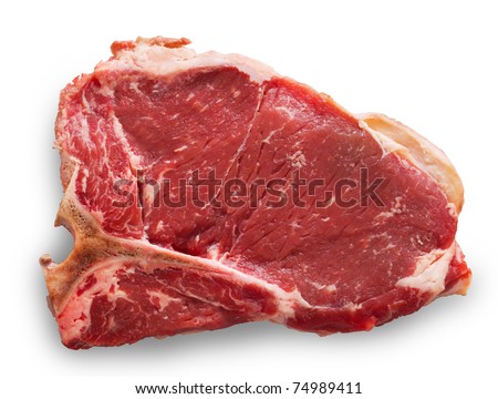 Raw t-bone or porterhouse cut meat isolated on a white background with added shadow. Clipping path into the file. Royalty-Free Stock Photo #74989411