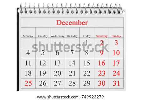 December 25 in the calendar on the white background 