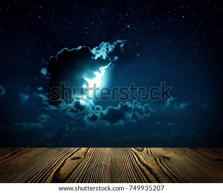 backgrounds night sky with stars, moon and clouds. wood floor