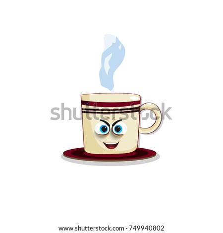 emoji cup with cheeks, eyes and smiling mouth. Colored steaming cup character with cute cartoon face. Hot drink. illustration, icon, clip art isolated on white background.