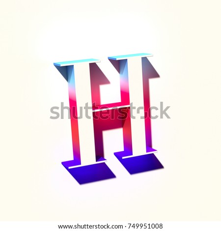 Letter H of blue and red color with  colorful abstract gradient shadow. 3d render of ambassador font letter H isolated on white background