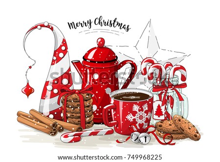 Christmas still-life, red tea pot, coolies, abstract christmas tree, glass jar with candy canes, cinnamon sticks, cup of coffee and jingle bells on white background, vector illustration, eps 10 wit Royalty-Free Stock Photo #749968225
