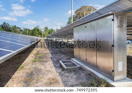  rows of polycrystalline silicon solar cells in solar power plant use light energy to generate electricity alternative renewable energy from the sun on blue sky background