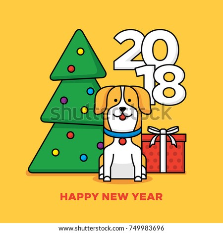 2018 Happy New Year greeting card design. Chinese zodiac symbol of yellow dog. Cute vector puppy illustration in cartoon style. Poster banner template with animal, Christmas tree, gift for background