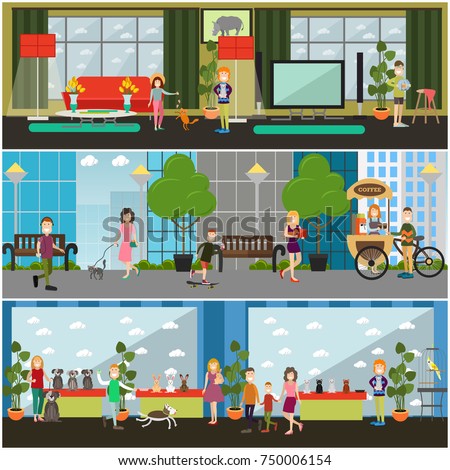 Vector set of pets posters, banners. Playing games at home and walking in the street with pets, dog, cat and domestic rabbit show flat style design elements.