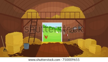 Vector illustration of  Inside Old wooden barn with haystacks. Tools for shed Royalty-Free Stock Photo #750009655