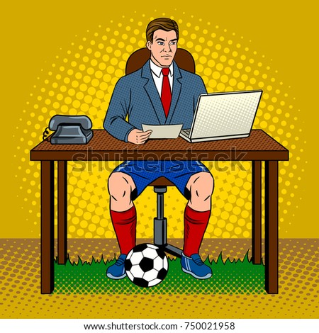 Businessman soccer football player pop art retro raster illustration. Work and rest metaphor. Comic book style imitation.