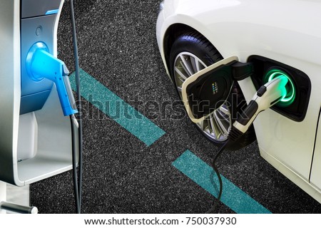 Power supply connect to electric car for add charge to the battery. Charging re technology industry transport which are the future of the Automobile.EV fuel for advanced Plug in hybrid car 
 Royalty-Free Stock Photo #750037930