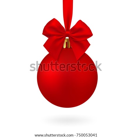 Realistic Red Christmas ball with ribbon and bow, isolated on white background - stock vector.