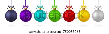 Realistic set Christmas ball with ribbon and bow. Red, yellow green, and others with the ability to simply and bistro will change color. On white background - stock vector. Royalty-Free Stock Photo #750053065