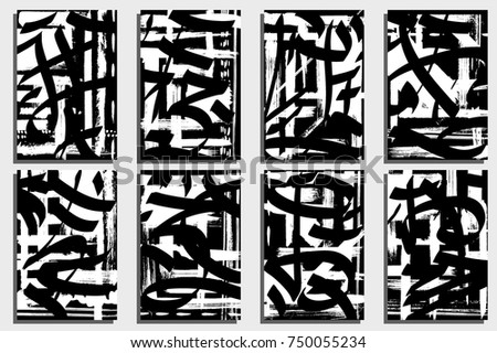 Cards template. Modern monochrome cards with calligraphic elements, kinship of letters and hieroglyphs with blobs. Grunge texture