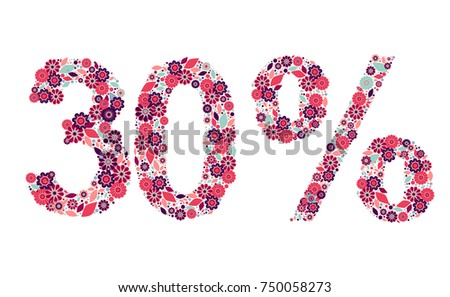 30% vector percentage number, consisting from flowers, leaves and dots on white background. Flat style elements. Perfect for sales, discount, retails. Pink, magenta, blue-green, lilac colors