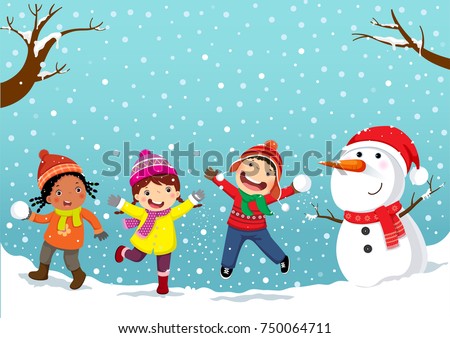 Winter fun. Happy children playing in the snow