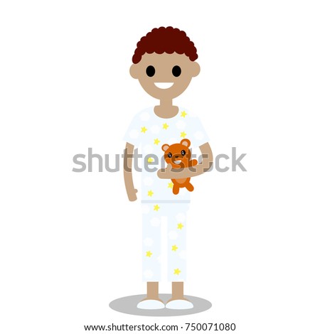 cartoon illustration  flat - small boy in pajamas for sleeping and a Teddy bear sneakers