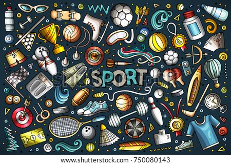 Colorful vector hand drawn doodle cartoon set of Sport objects and symbols