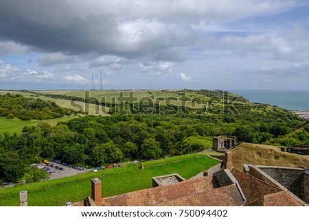 Aerial view from Dover Castle wall looking over countryside.  Summer shot with glimpse of sea.