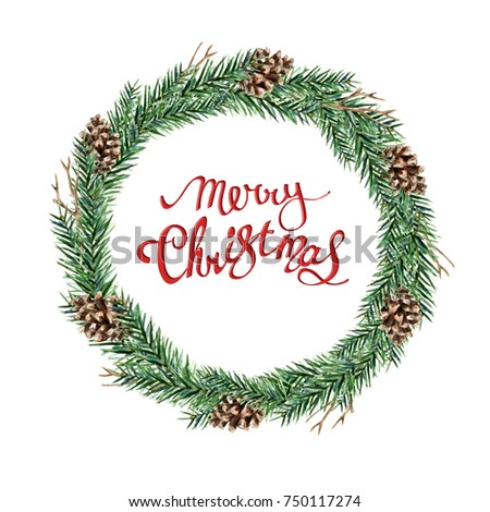 Watercolor Christmas wreath of fir branches and cones on a white background with hand-drawn lettering Merry Christmas. Coniferous frame for your holiday, wishes and design