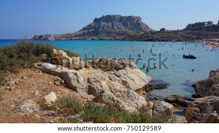 Photo from famous beach of Agathi near Haraki with turquoise clear waters, Rhodes island, Dodecanese, Greece                    