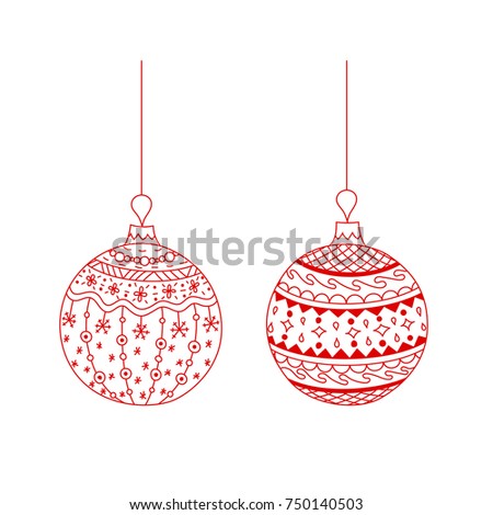 Vector set of red hand drawn Christmas ball toy with thread