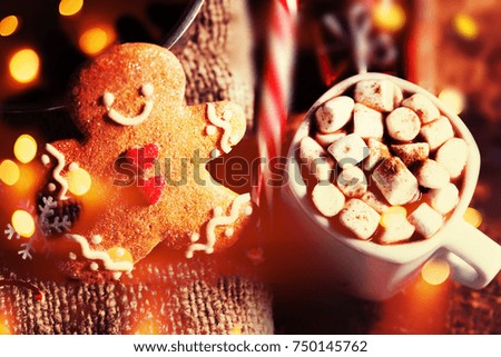Christmas Card with Hot chocolate with marshmallow, gingerbread man cookie.