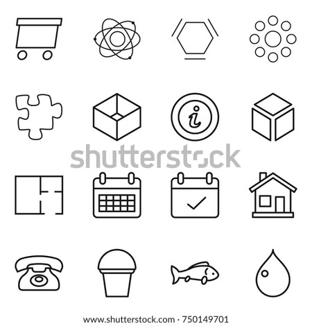 thin line icon set : delivery, atom, hex molecule, round around, puzzle, box, info, 3d, plan, calendar, terms, home, phone, bucket, fish, drop