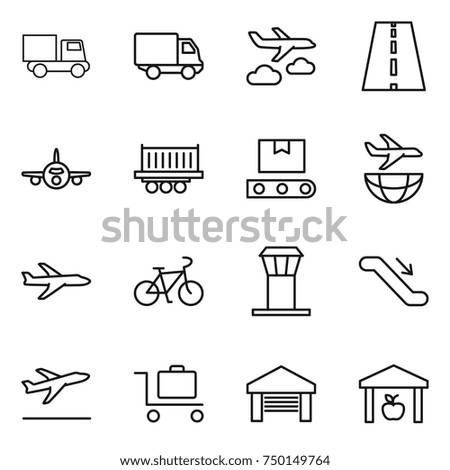 thin line icon set : truck, delivery, journey, road, plane, shipping, transporter tape, bike, airport tower, escalator, departure, baggage trolley, garage, warehouse