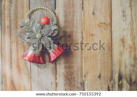 Christmas background with decorations and gift boxes on wooden board , top view and copy space
