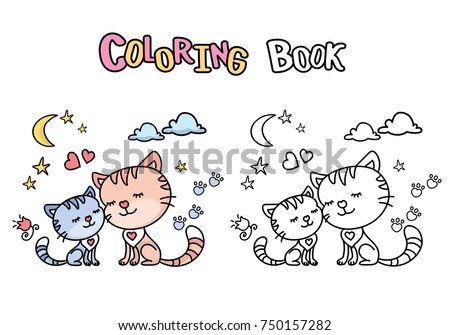Cute cartoon cats- mother and daughter, coloring book with cat and kitten, isolated on white background, vector illustration