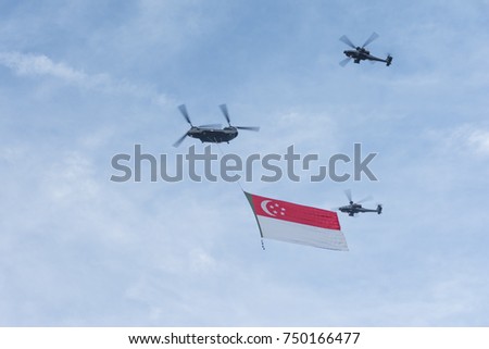 Helicopter fly on sky with flag for Fiftieth anniversary of Singapore 50 years National Day Golden Jubilee