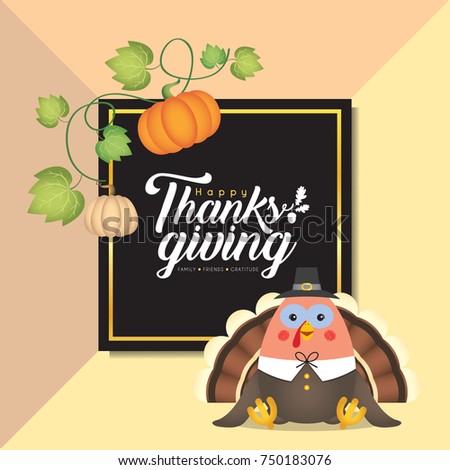 Thanksgiving template design. Vector pumpkins, cartoon turkey with black square frame and Thanksgiving lettering. Autumn illustration.