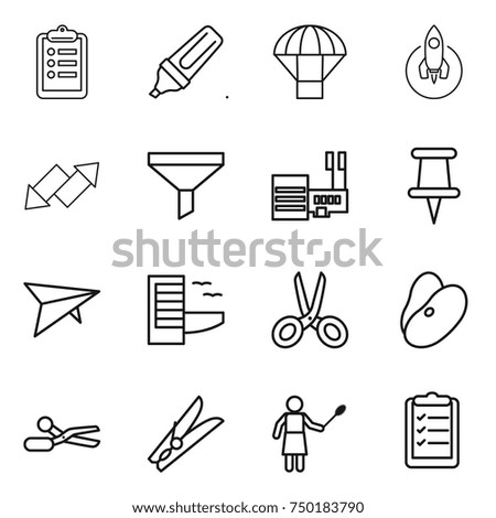 thin line icon set : clipboard, marker, parachute, rocket, up down arrow, funnel, mall, pin, deltaplane, hotel, scissors, beans, clothespin, woman with duster, list