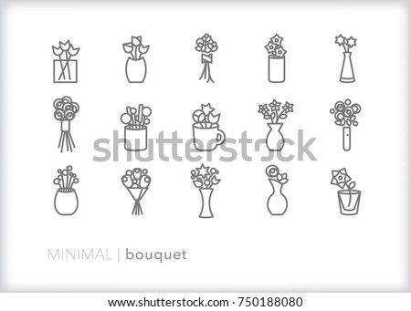 Set of 15 minimal flower bouquet icons for decoration, a wedding, mothers day, or special occasion; includes vases, ribbons, cup and handheld arrangements Royalty-Free Stock Photo #750188080