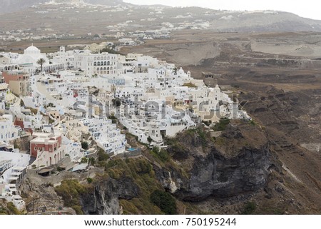 Famous view of Oia in Santorini, Greece on an overcast day.