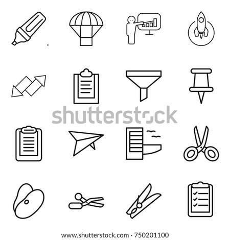 thin line icon set : marker, parachute, presentation, rocket, up down arrow, clipboard, funnel, pin, deltaplane, hotel, scissors, beans, clothespin, list