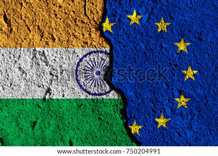 Crack between European union and India flags. political relationship concept