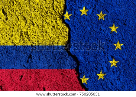 Crack between European union and Colombia flags. political relationship concept
