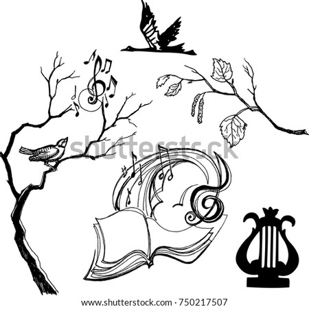 Vector black and white art with music symbols and tree branches