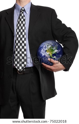 Business man holding a globe in his hand in a soccer ball pose symbol for global business, communications, teamwork or environmental conservation Credit to: http://visibleearth.nasa.gov