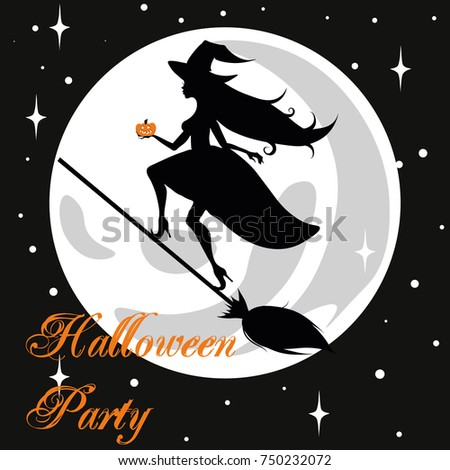 Halloween holiday. Witch on a broomstick on a background of the moon